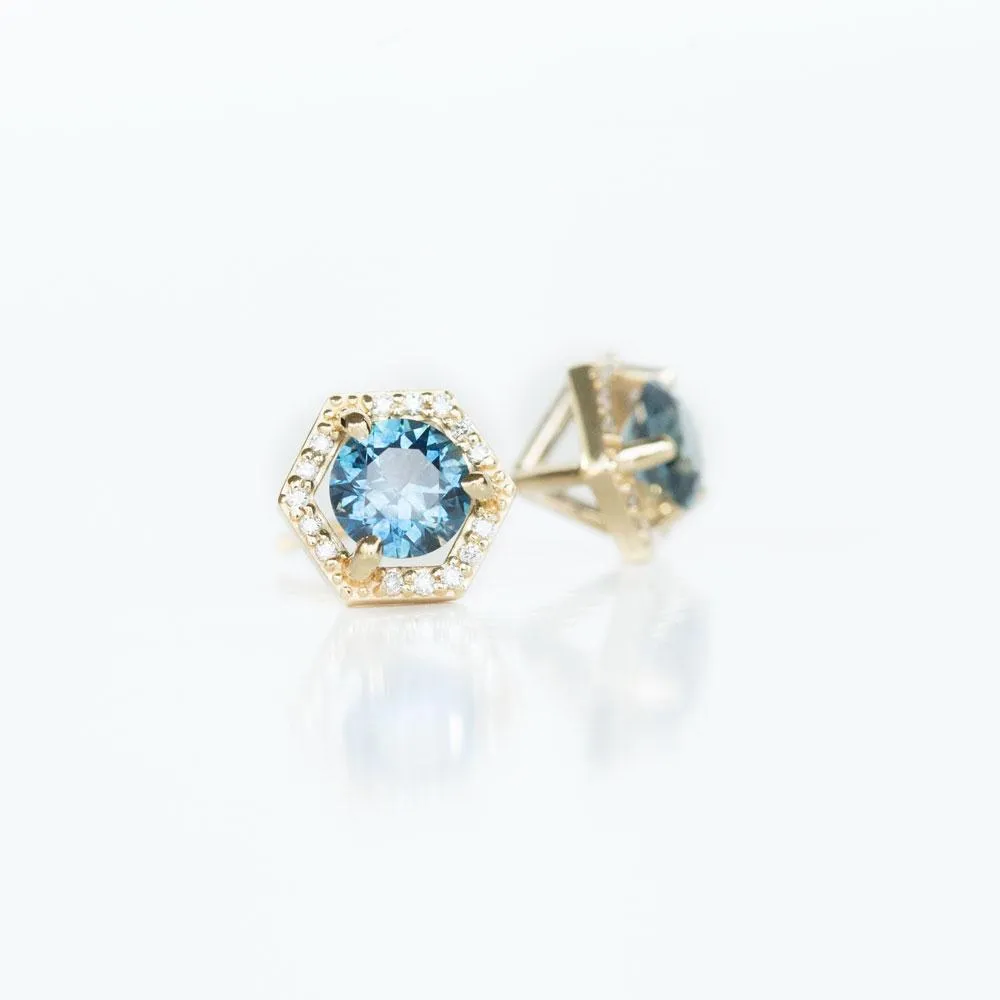 1.06ctw Montana Sapphire Earrings in Yellow Gold Diamond Halo Setting