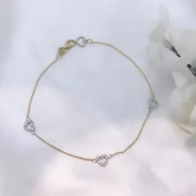 10k Gold Two Tone 3 Heart CZ Bracelet