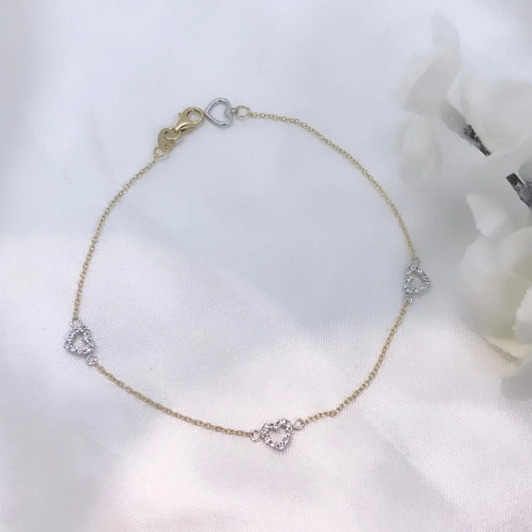 10k Gold Two Tone 3 Heart CZ Bracelet