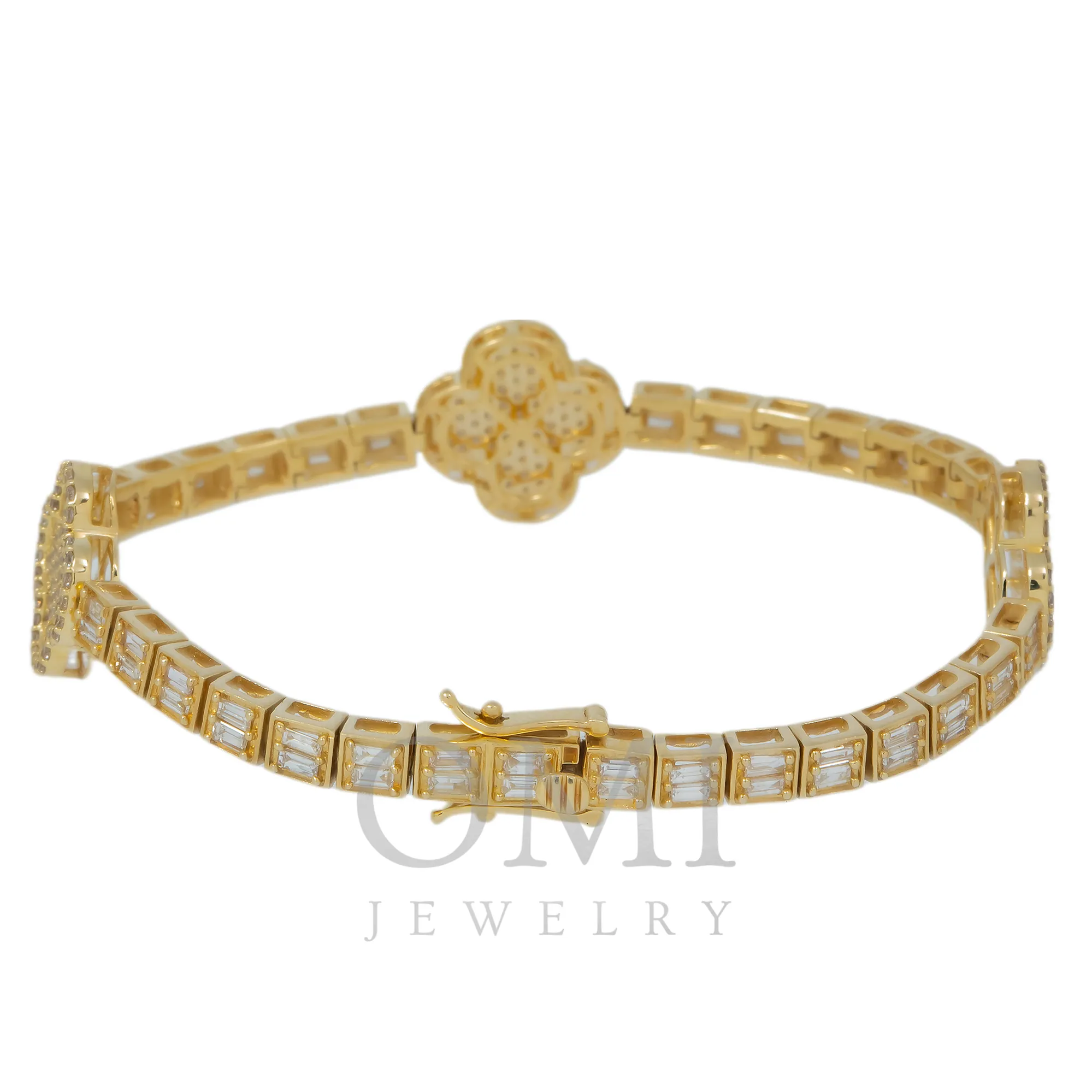 10K GOLD TWO TONE ROUND AND BAGUETTE DIAMONDS CLOVER BRACELET 3.50 CT