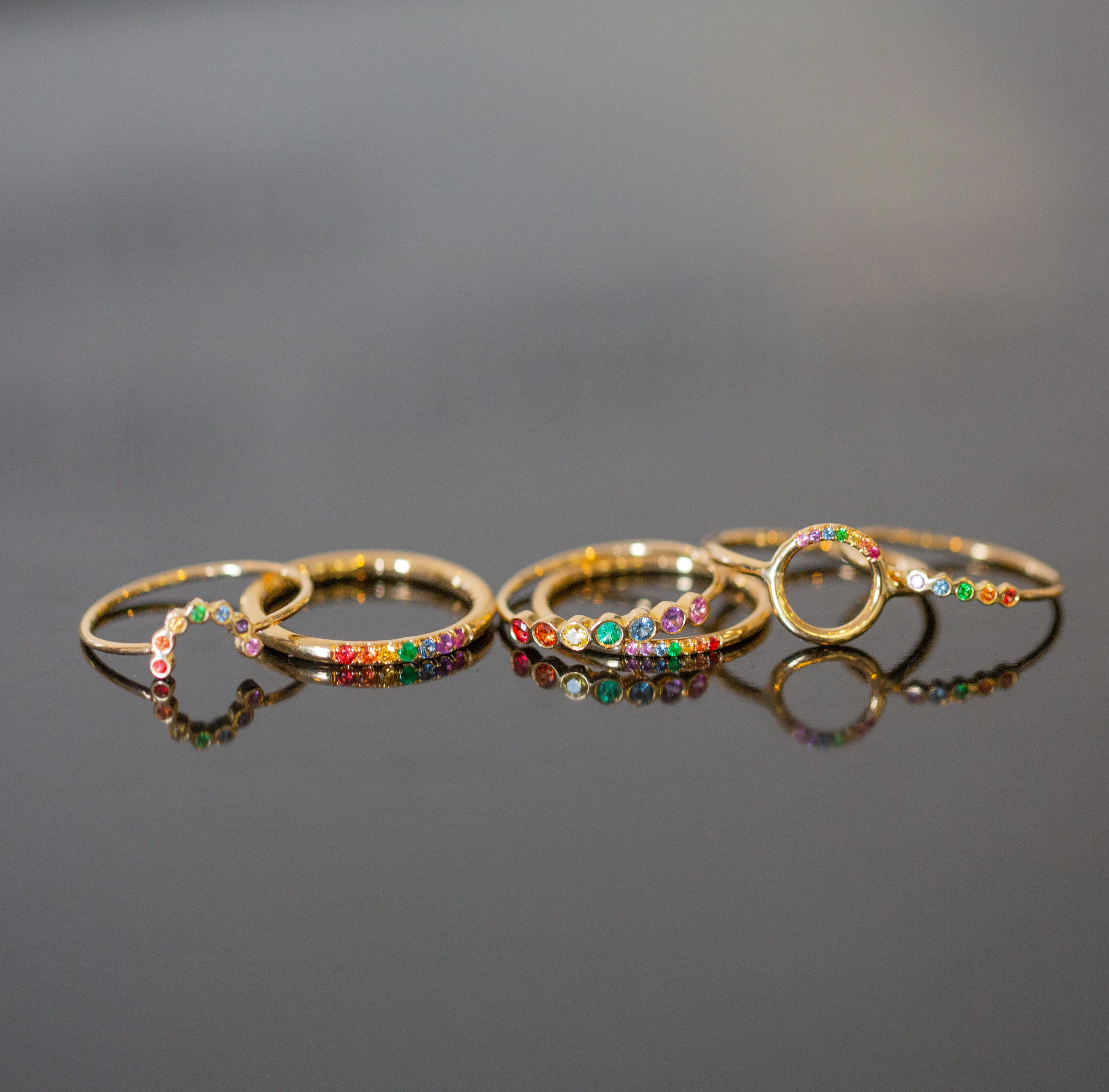 14k 5 Tiny Rainbow Sapphires Bezel Ring