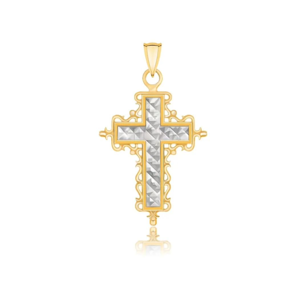 14k Two-Tone Gold Diamond Cut and Baroque Inspired Cross Pendant