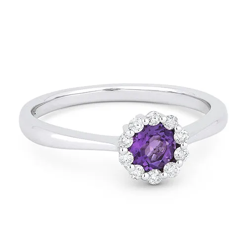 14K White Gold Round Amethyst & Diamond Halo Ring