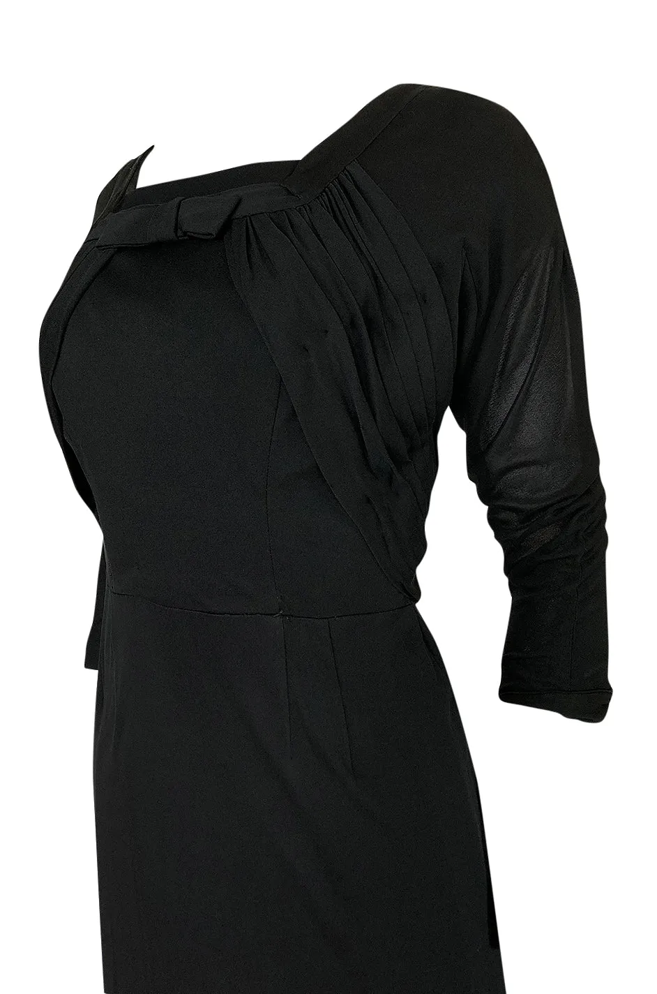 1940s Unlabeled Black Jersey Draped & Fitted Day or Cocktail Dress