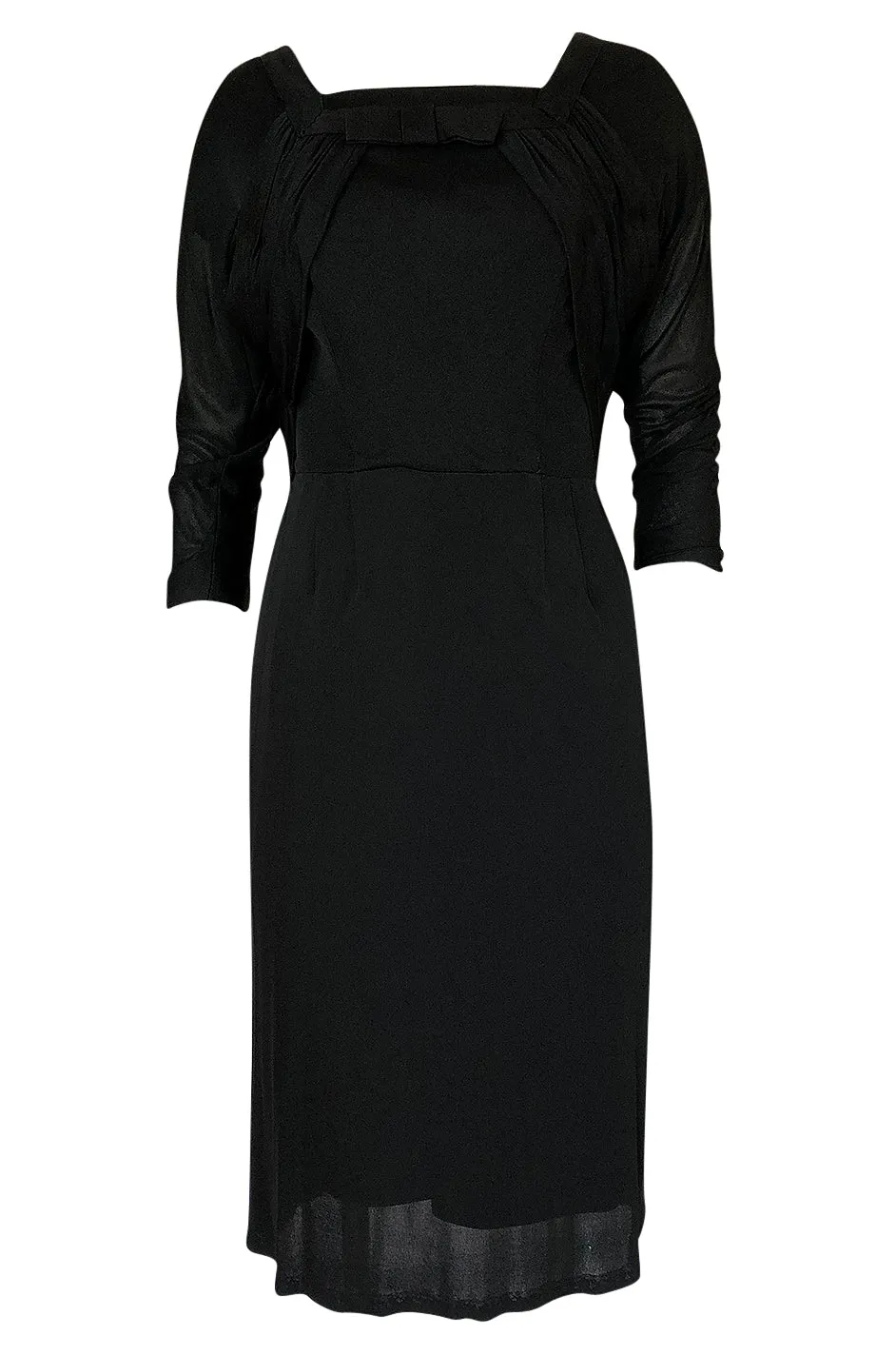 1940s Unlabeled Black Jersey Draped & Fitted Day or Cocktail Dress