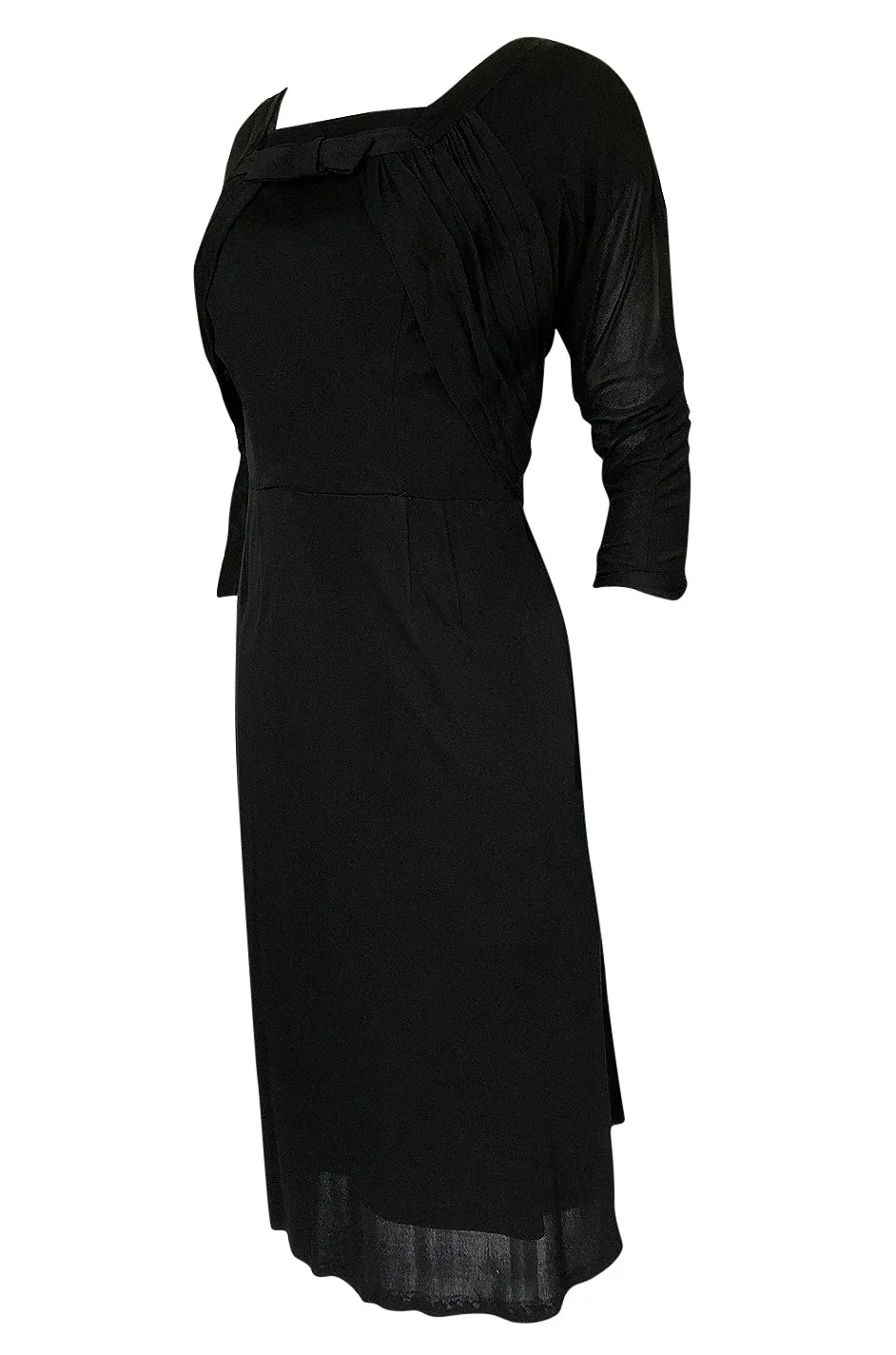 1940s Unlabeled Black Jersey Draped & Fitted Day or Cocktail Dress