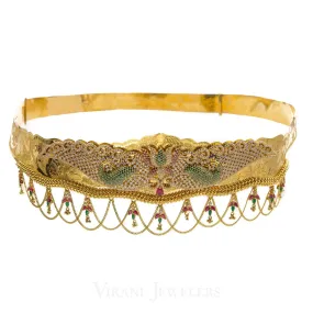 22K Yellow Gold Vaddanam Chandelier Waist belt W/Multi Stone Encrusted Colorful Peacock Design