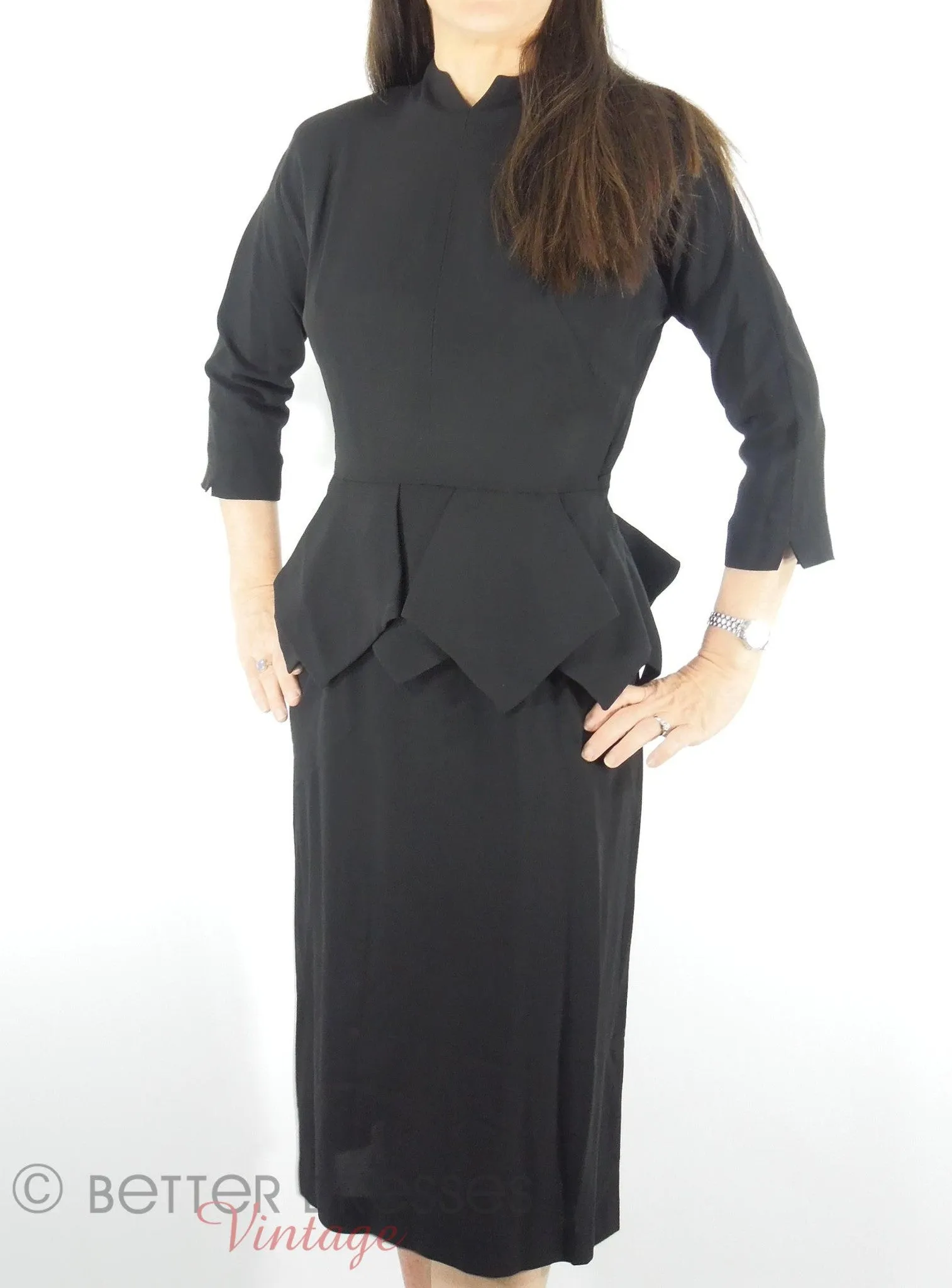 40s/50s Black Rayon Peplum Dress - sm