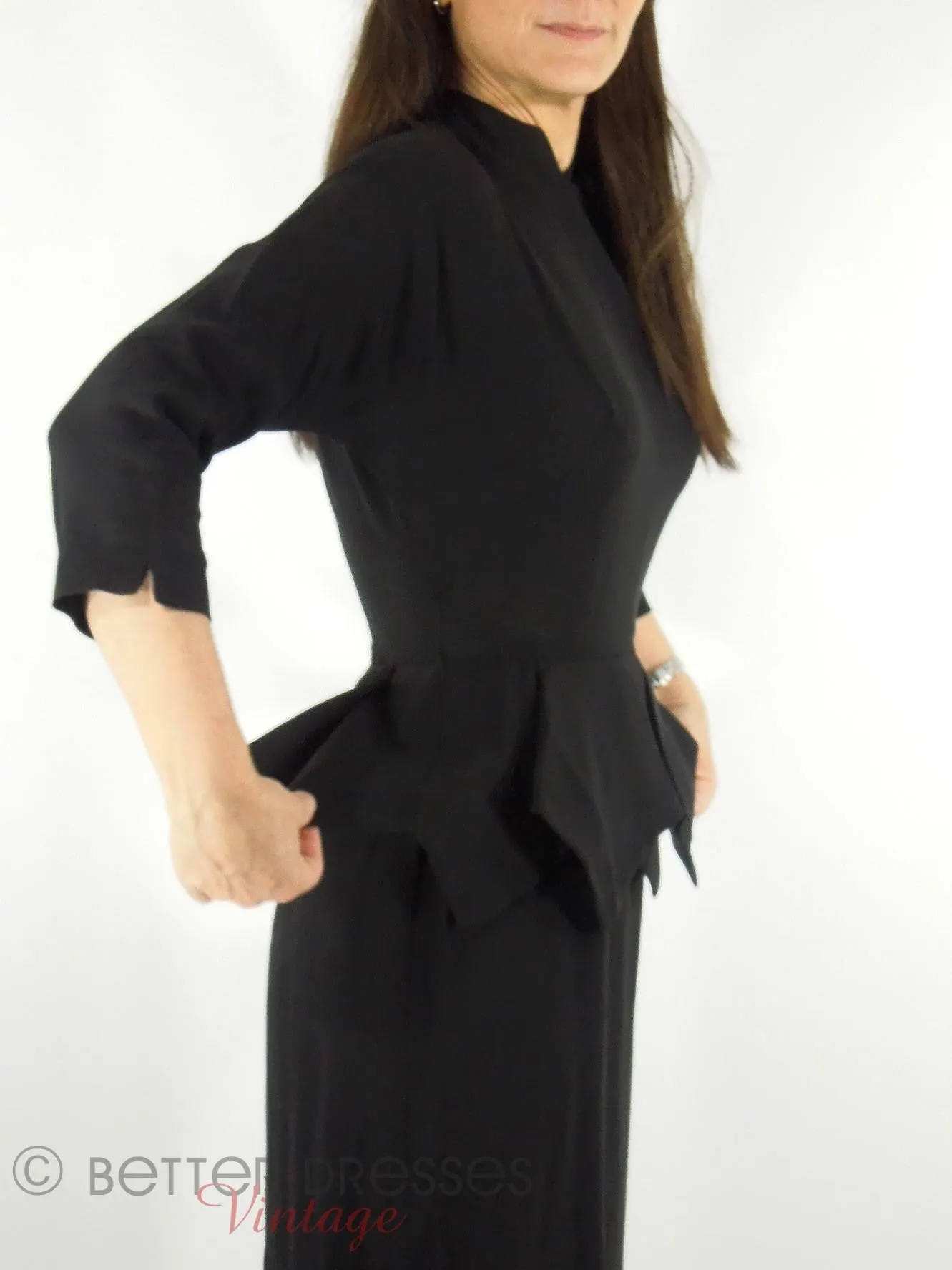 40s/50s Black Rayon Peplum Dress - sm