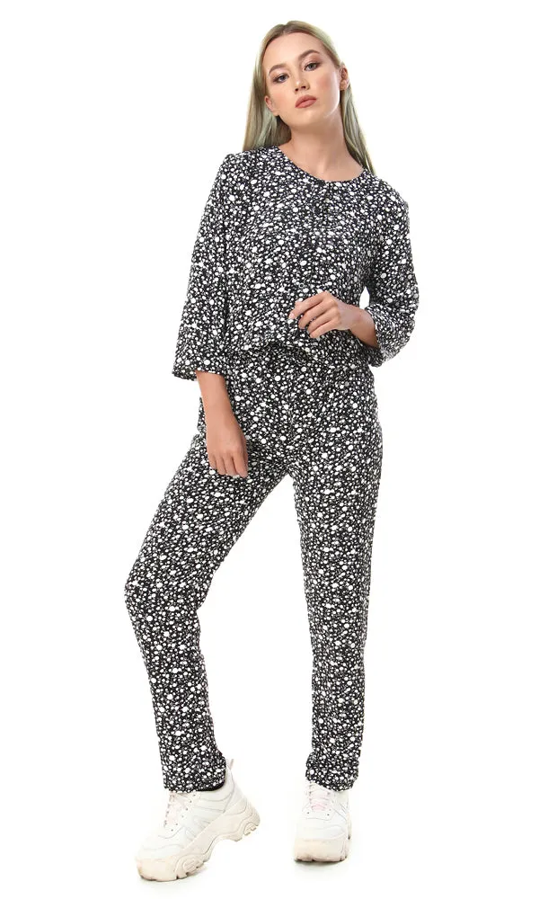 57900 Floral Buttoned Trendy Jumpsuit - Black