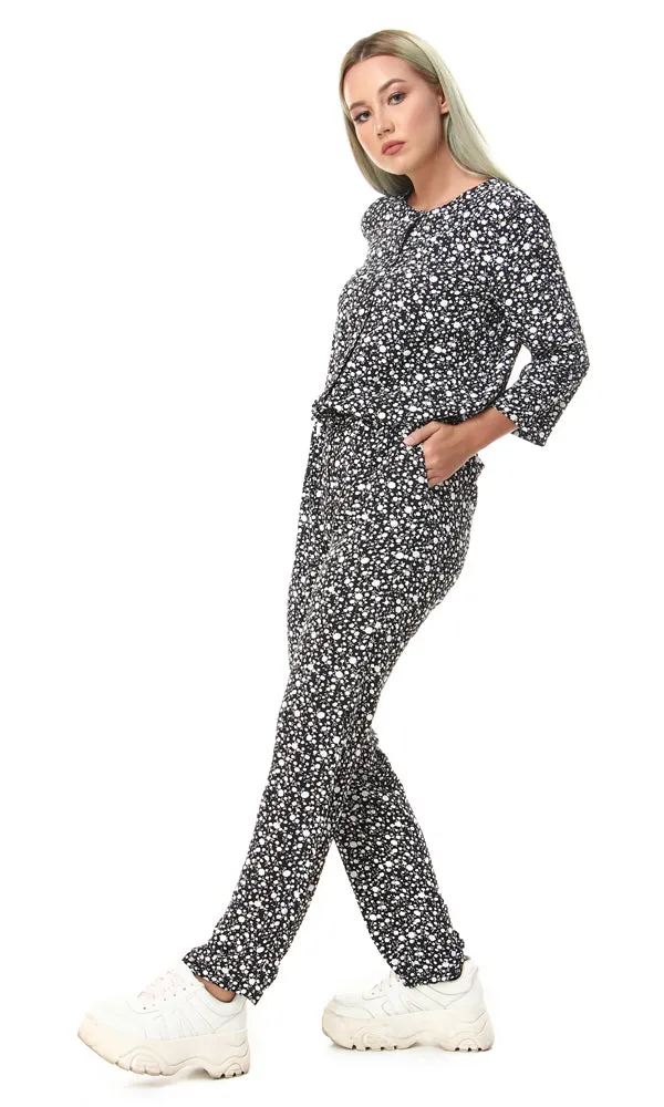 57900 Floral Buttoned Trendy Jumpsuit - Black