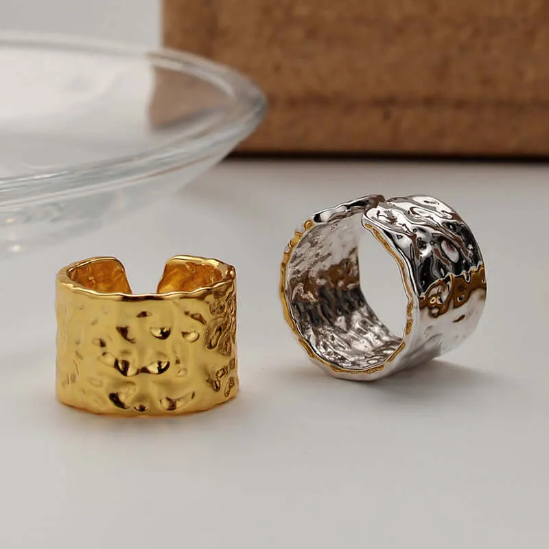 925 Silver Wide Textured Gold Cigar Band Ring