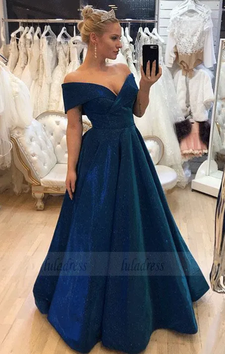 A Line V Neck Long Prom Dress, Off The Shoulder Evening Dress, BW97604