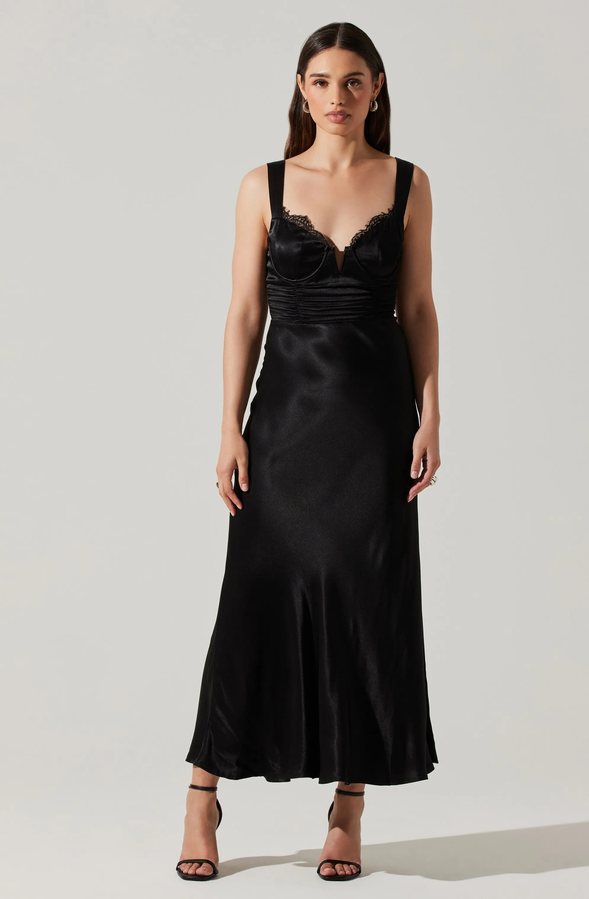 Aeris Satin Lace Trim Maxi Dress