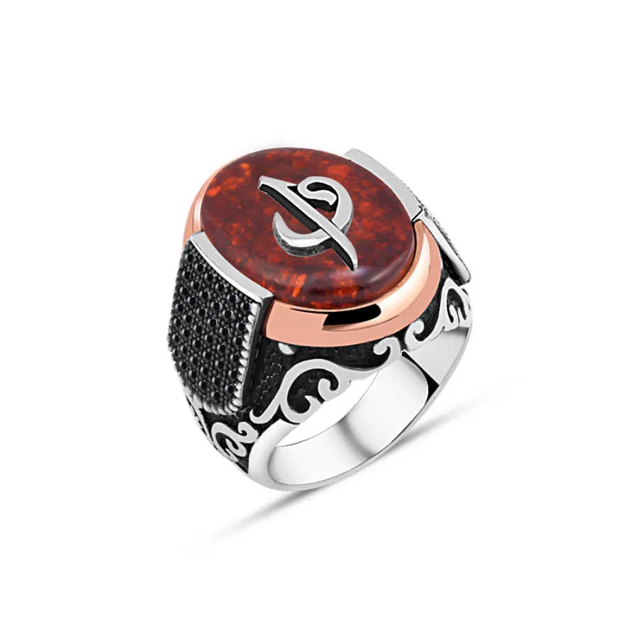 Alif-Vav Letters on Red Ellipse Synthetic Amber Stone Silver Men's Ring Siding Zircons in Epaulet Shape