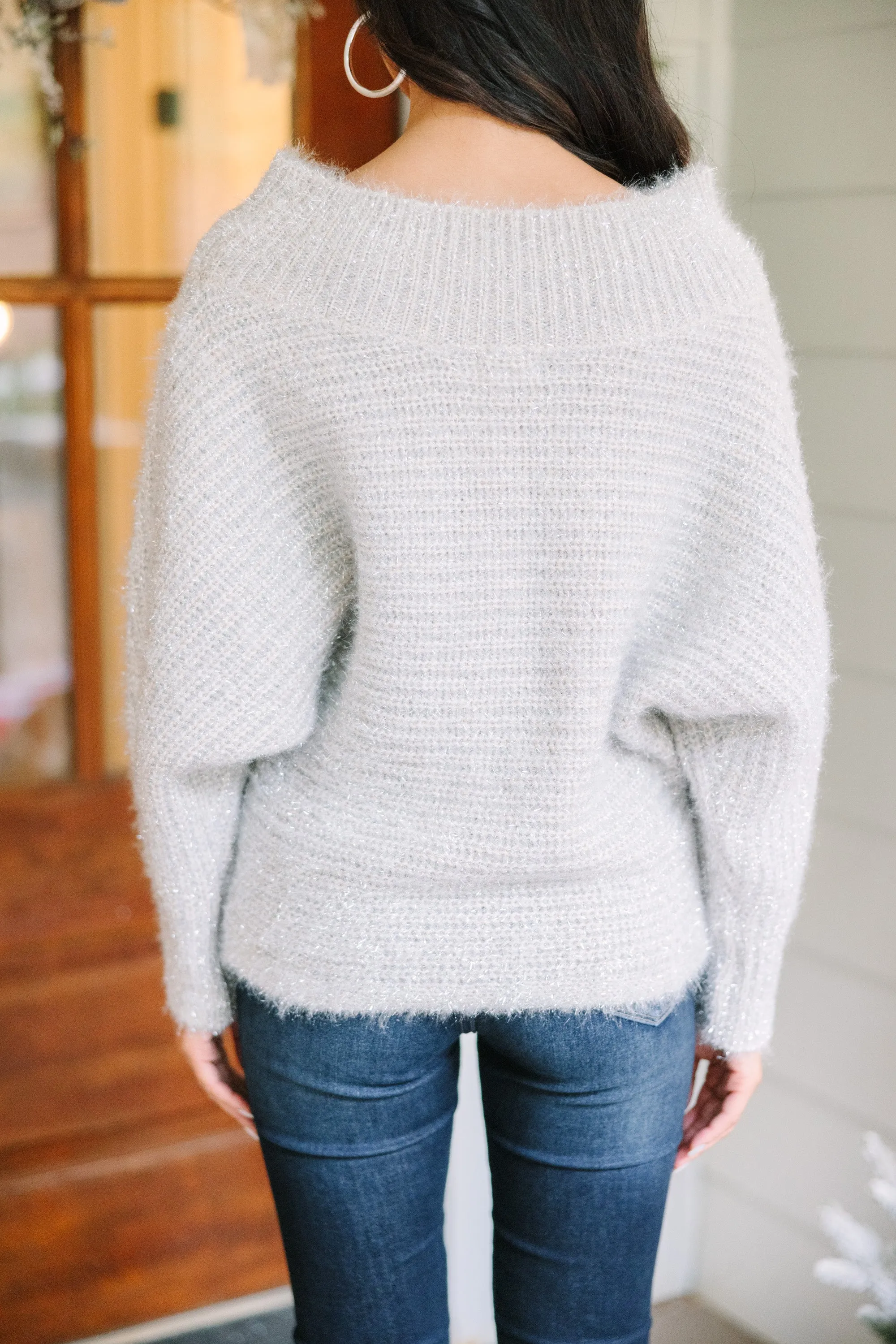 All On You Silver Off Shoulder Sweater