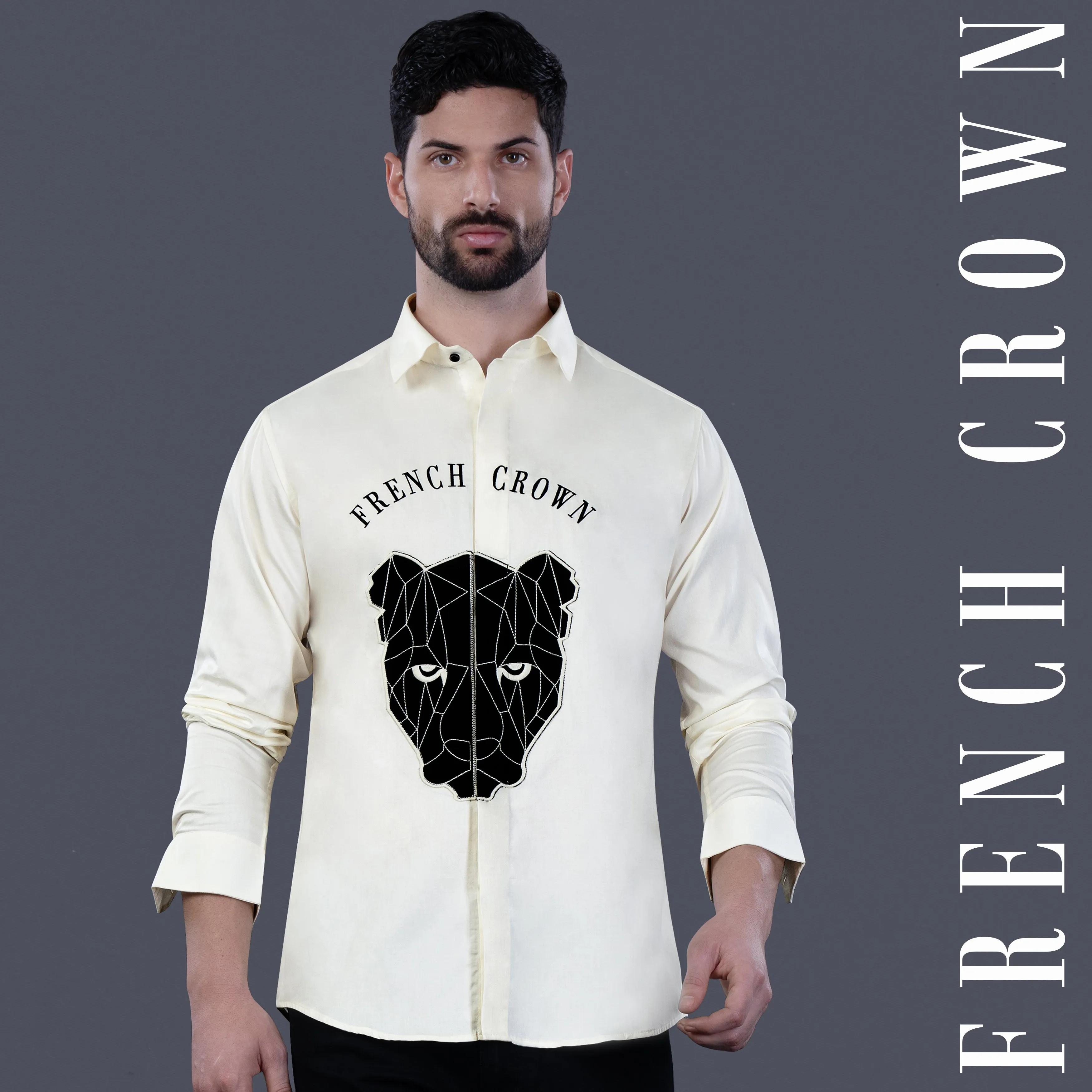 Almond Cream with French Crown Embroidered and Black Panther Patchwork Subtle Sheen Super Soft Premium Cotton Designer Shirt