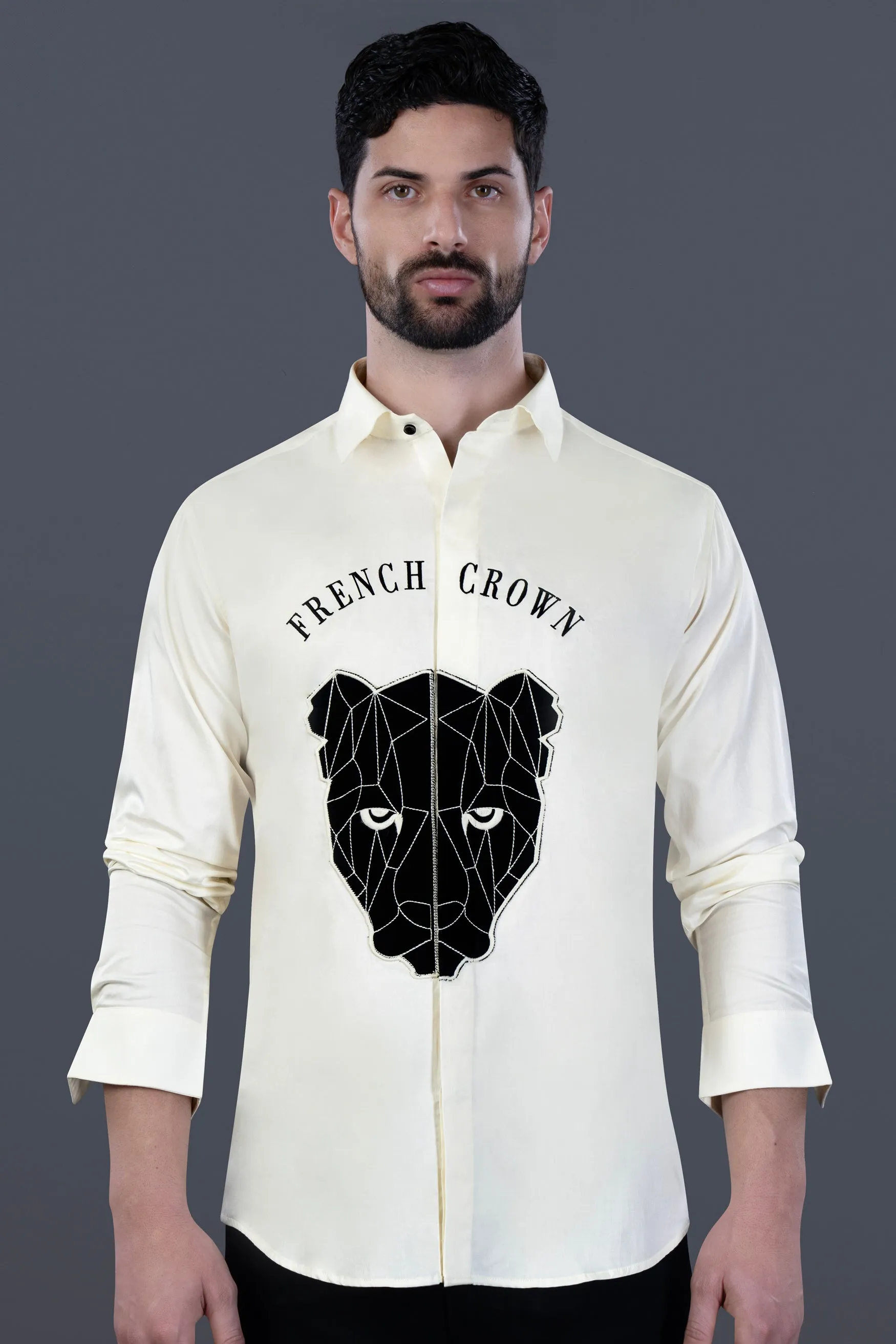 Almond Cream with French Crown Embroidered and Black Panther Patchwork Subtle Sheen Super Soft Premium Cotton Designer Shirt