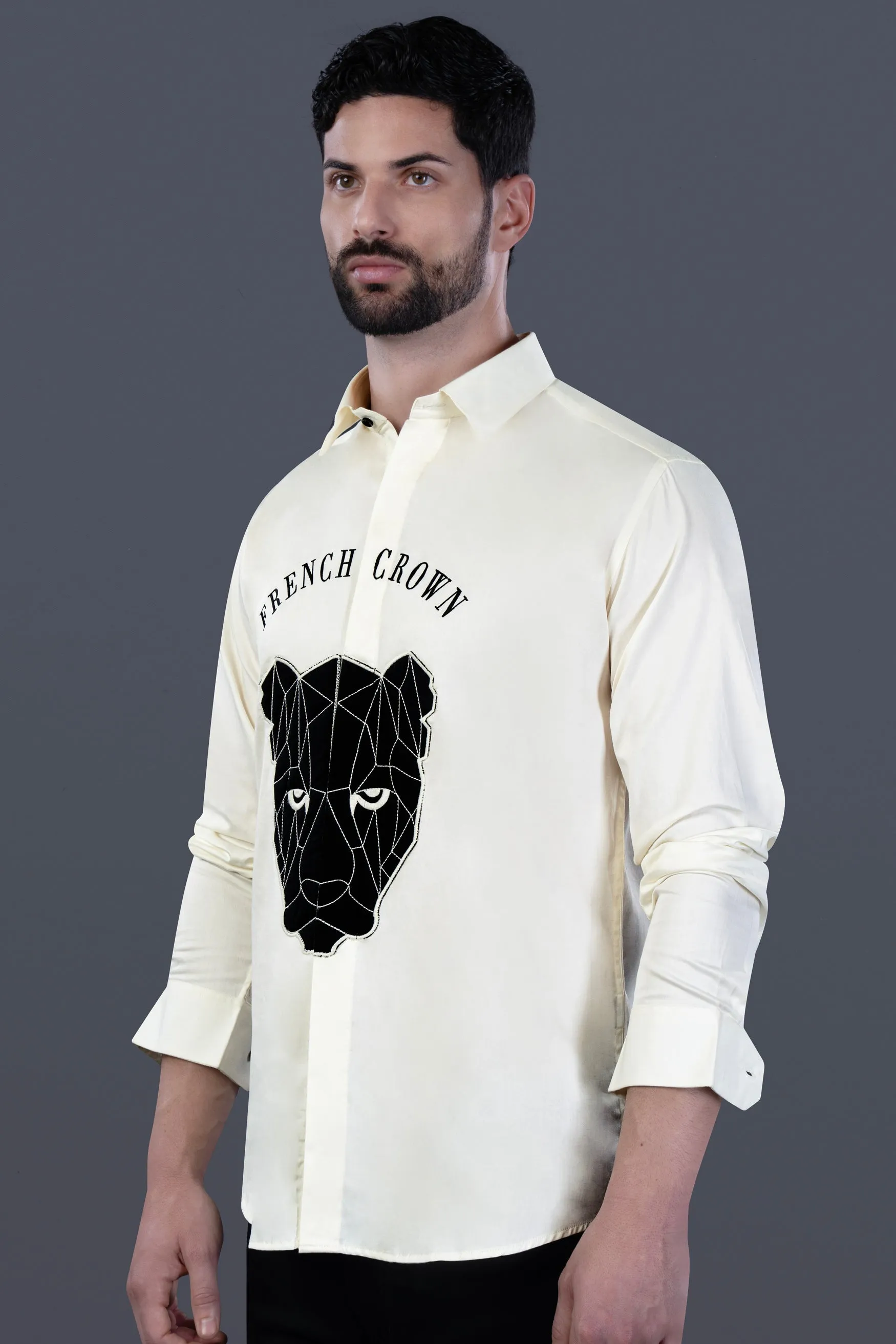 Almond Cream with French Crown Embroidered and Black Panther Patchwork Subtle Sheen Super Soft Premium Cotton Designer Shirt