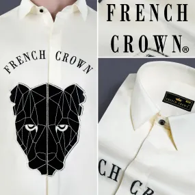 Almond Cream with French Crown Embroidered and Black Panther Patchwork Subtle Sheen Super Soft Premium Cotton Designer Shirt