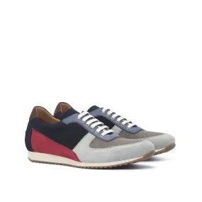 Ambrogio Bespoke Custom Men's Shoes Gray, Brown, Navy & Red Fabric / Suede / Pebble Grain Leather Sneakers (AMB1906)