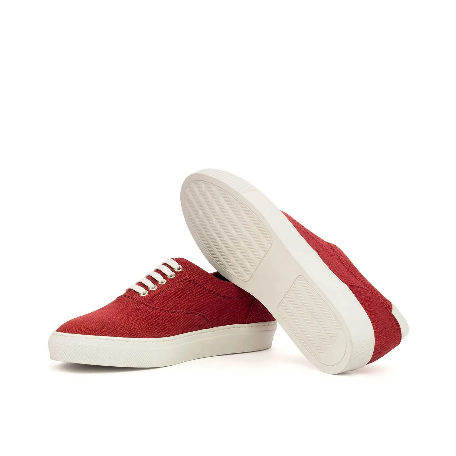 Ambrogio Bespoke Custom Men's Shoes Red & White Linen Fabric / Calf-Skin Leather Casual Sneakers (AMB2122)