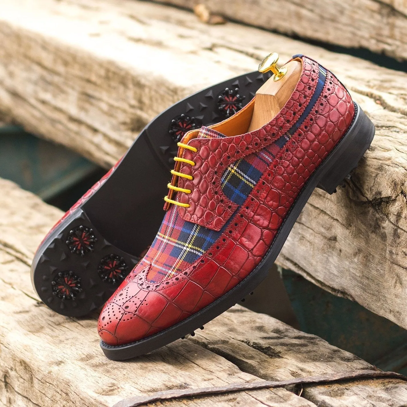 Ambrogio Bespoke Custom Men's Shoes Red Combination Tartan Fabric / Crocodile Print Leather Golf Longwing Blucher Oxfords (AMB2219)