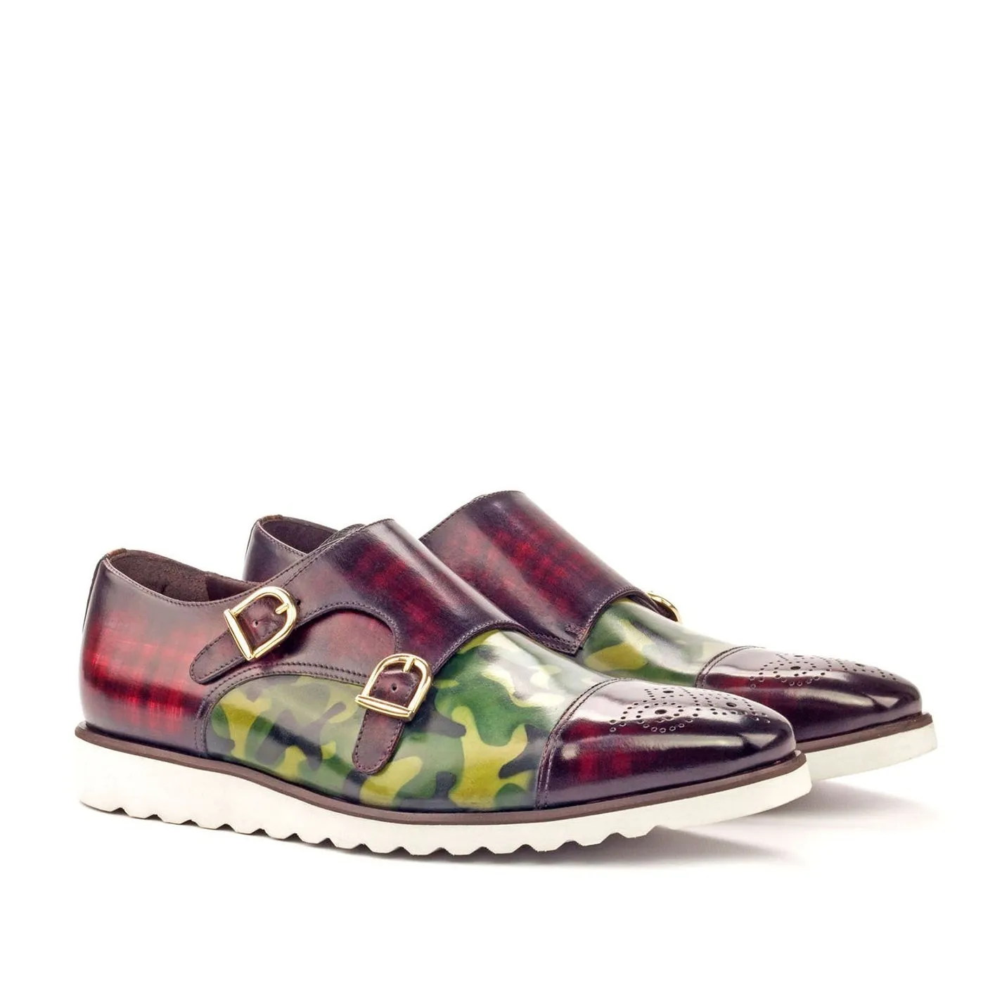 Ambrogio Bespoke Men's Handmade Custom Made Shoes Brown / Burgundy / Green Patina Leather Monk-Straps Sneakers (AMB1251)