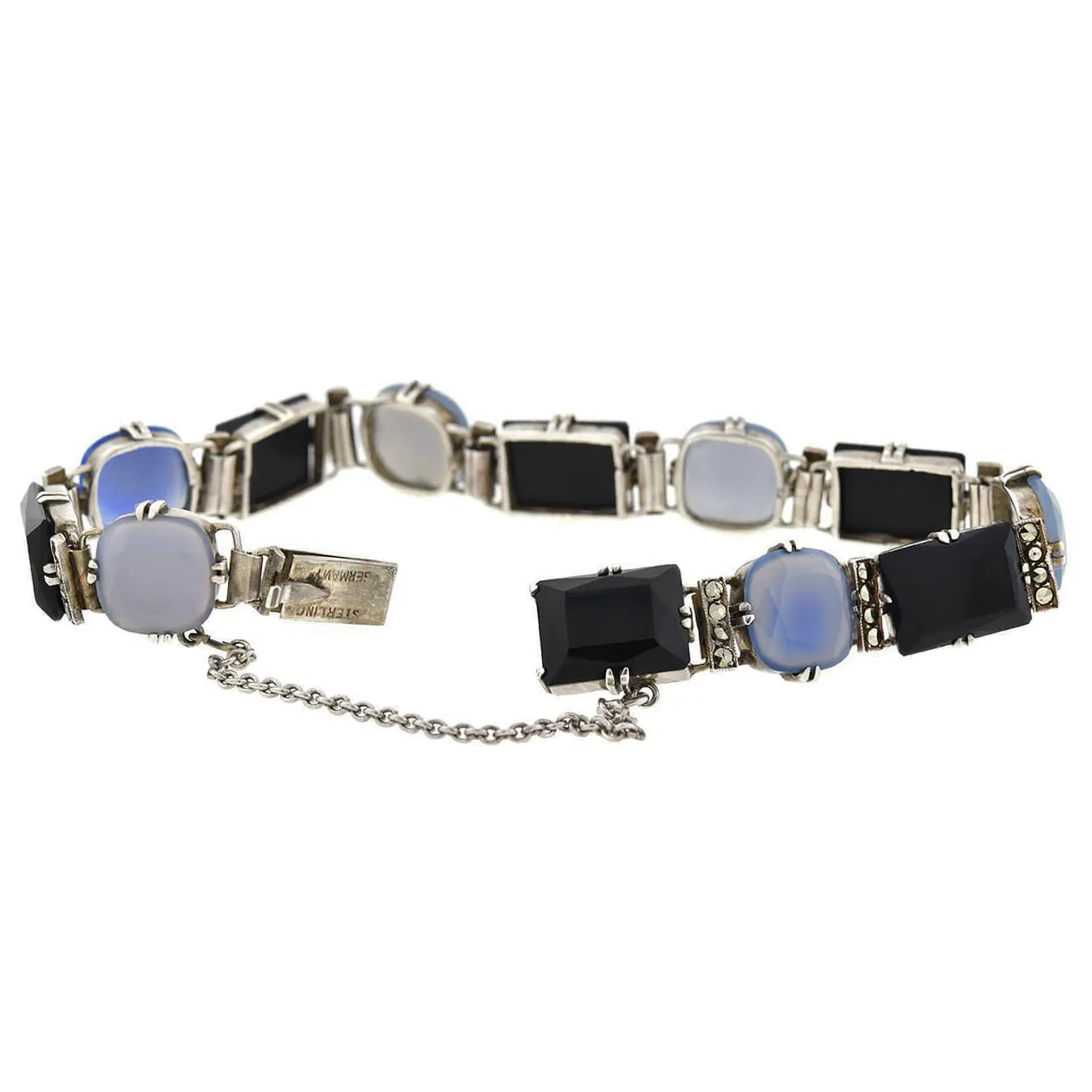 Art Deco Sterling Silver Chalcedony, Onyx   Marcasite Link Bracelet