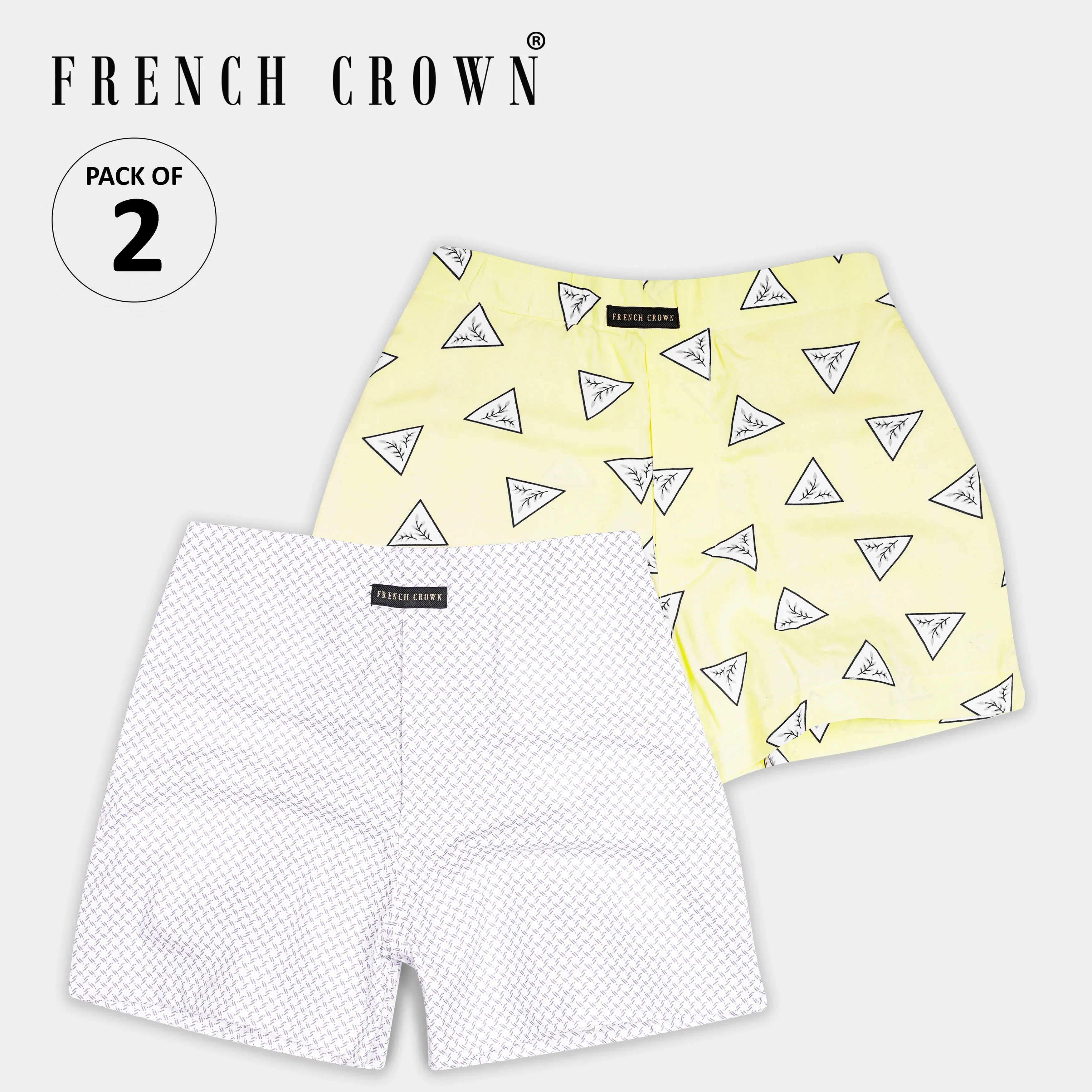 Astra Yellow Triangle Printed and Bright White With Comet Brown Printed Premium Cotton Boxers