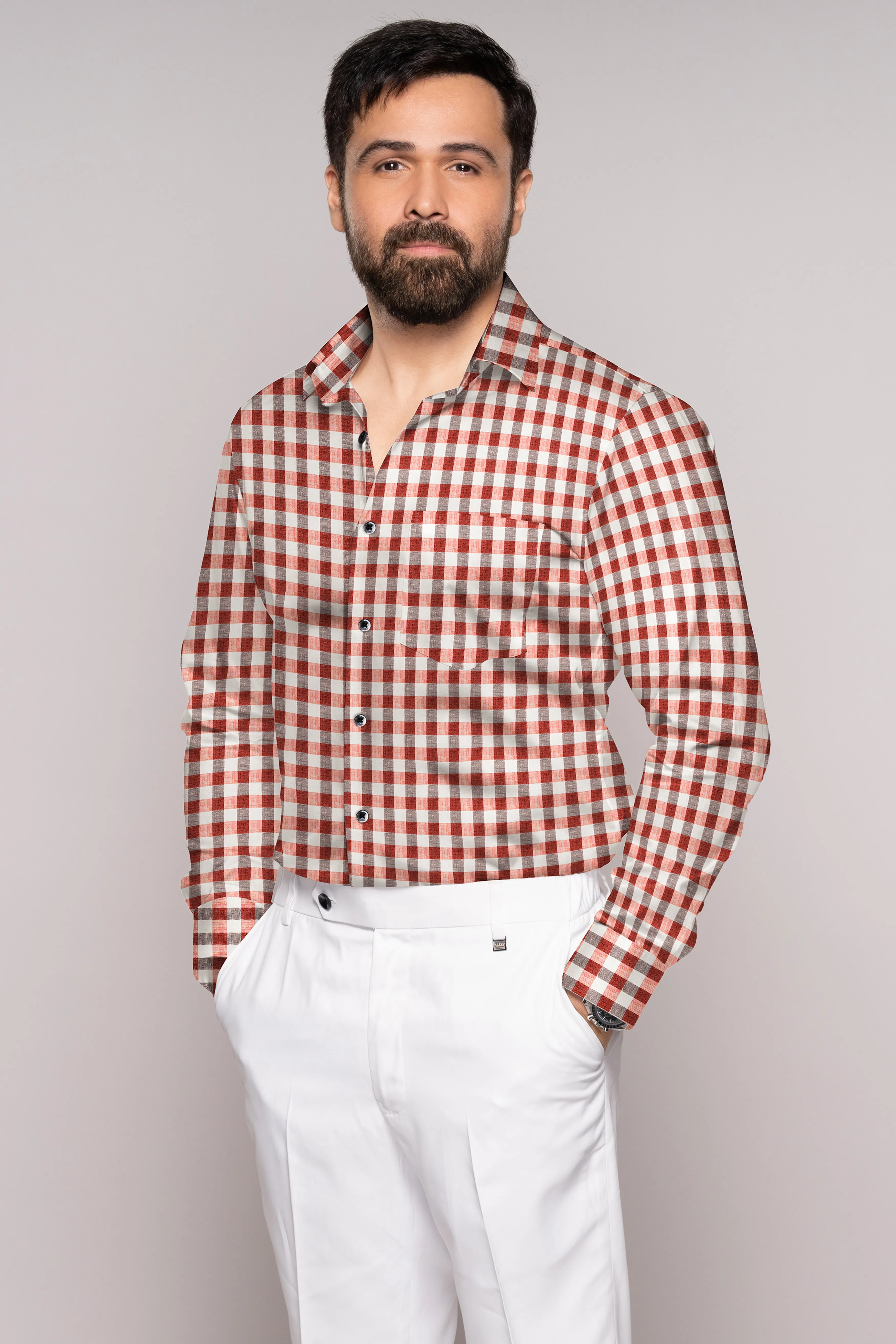 Auburn Red and White Checkered Luxurious Linen Shirt