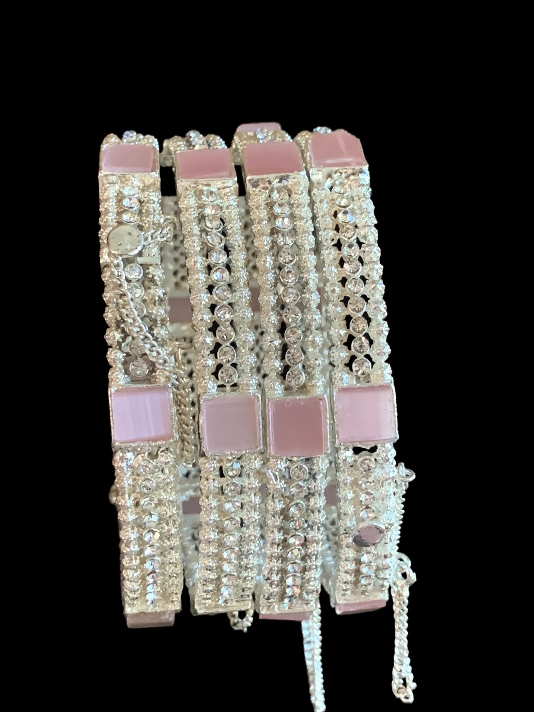 B35 Anisa pink silver plated  bangles - set of 4 ( READY TO SHIP)