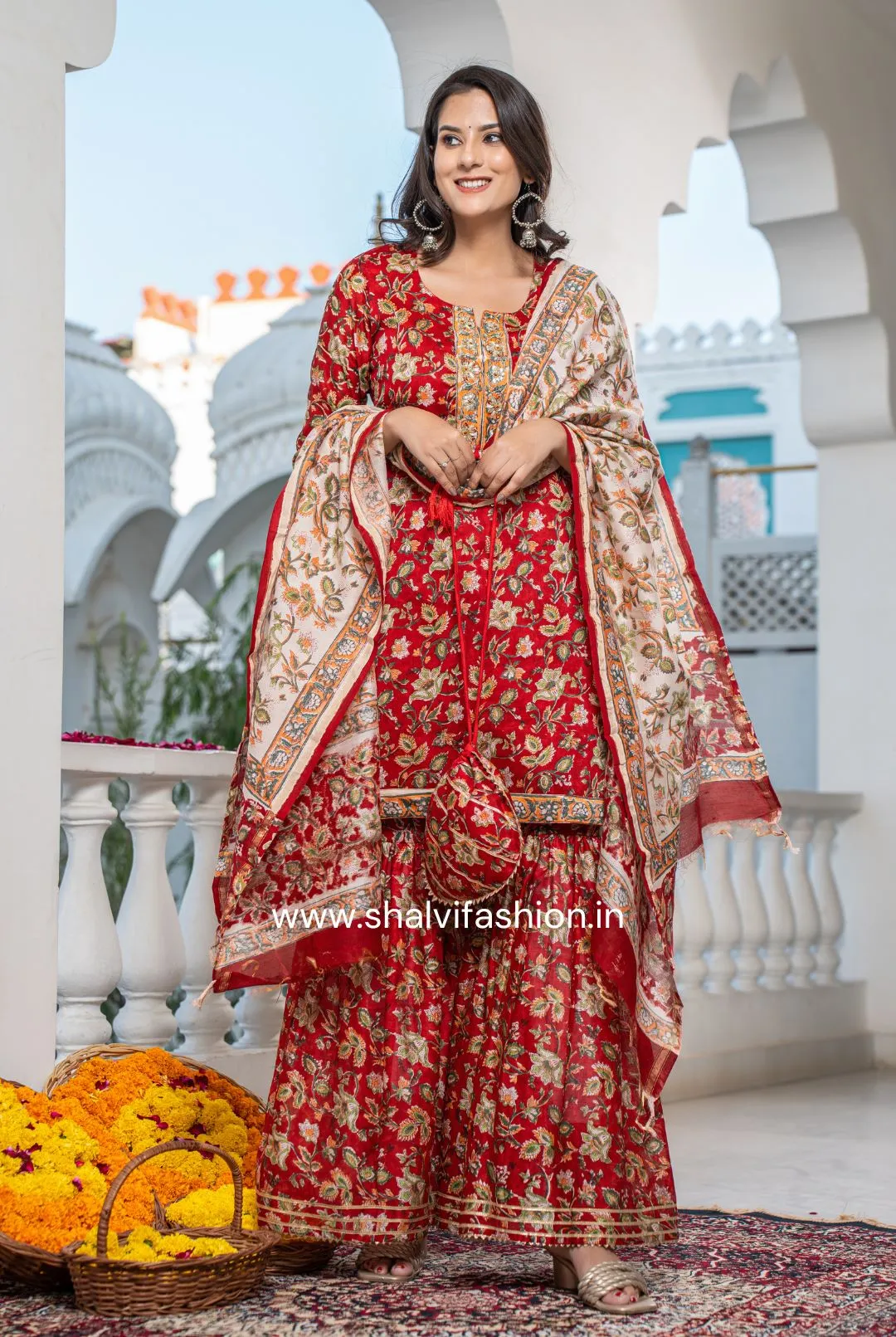 Bahar Collection : Hand Block Print Chanderi Silk Sharara Suit Set (CSS117)