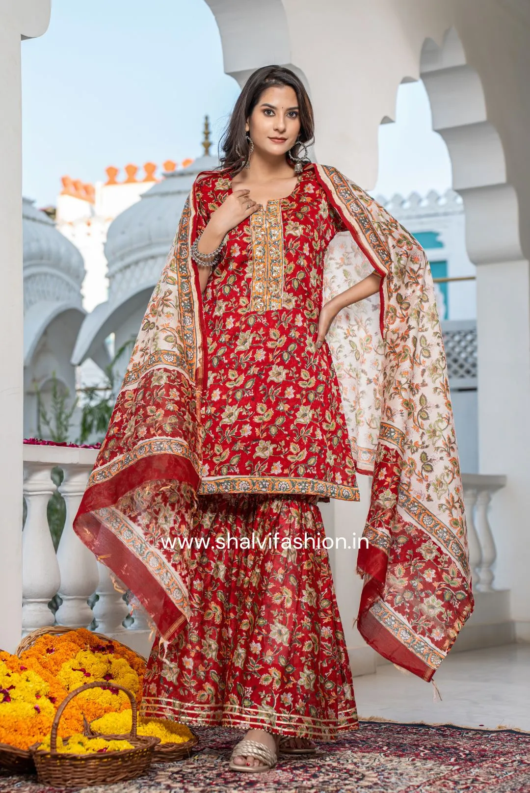 Bahar Collection : Hand Block Print Chanderi Silk Sharara Suit Set (CSS117)