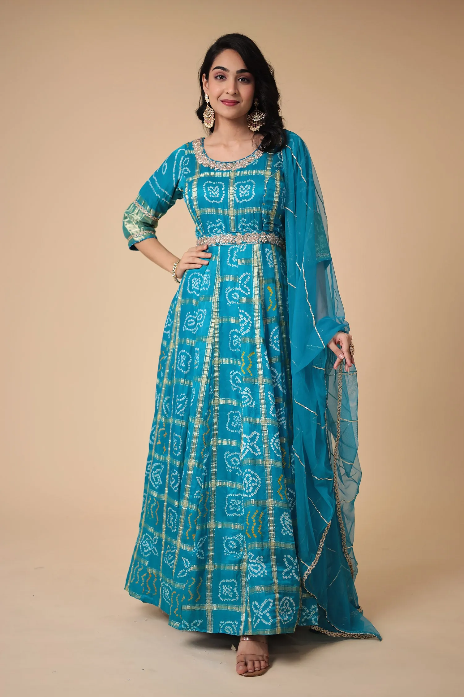 Bandhej Anarkali Ghatchola Silk Suit with Zardozi work