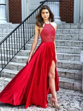 Beaded Halter Sleeveless Backless High Low Split-Front Prom Dresses, PD2310131