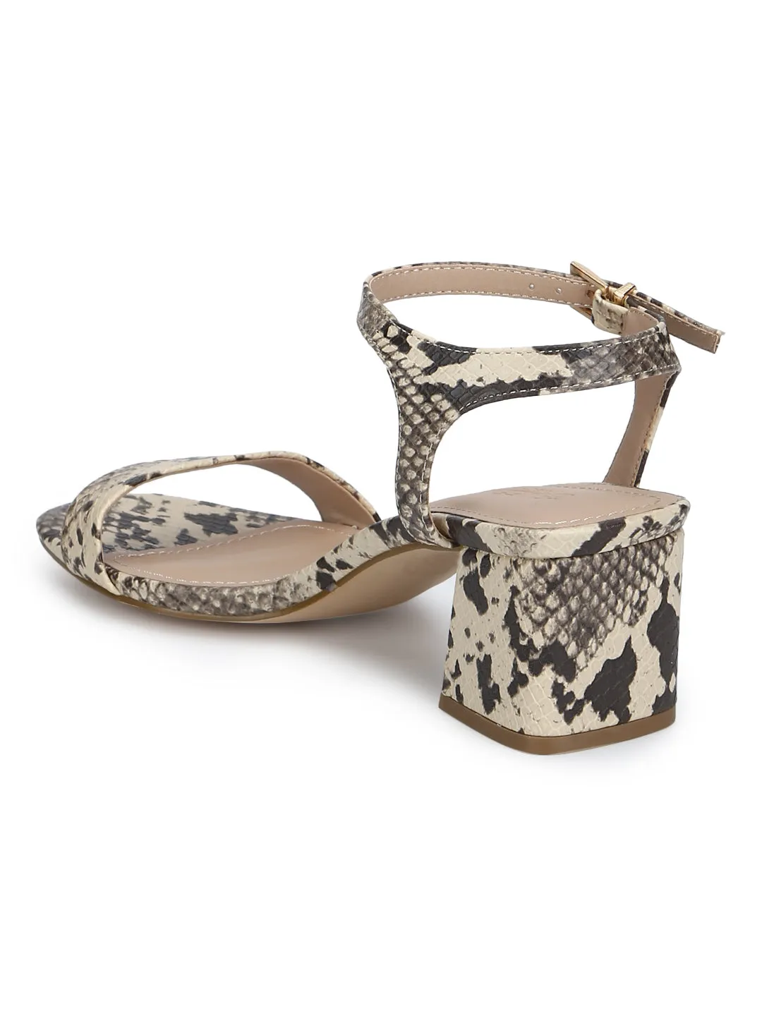 Beige Snake PU Thin Ankle Strap Low Block Heels