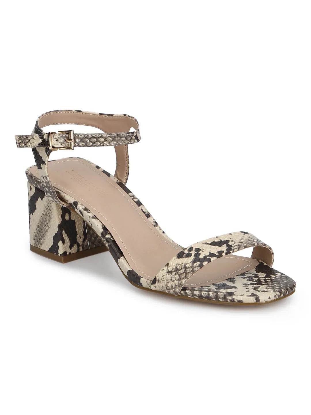 Beige Snake PU Thin Ankle Strap Low Block Heels