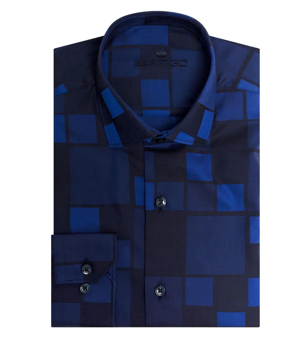 Bertigo Shirt | Mikey-92 Navy Blocks Design Jacquard