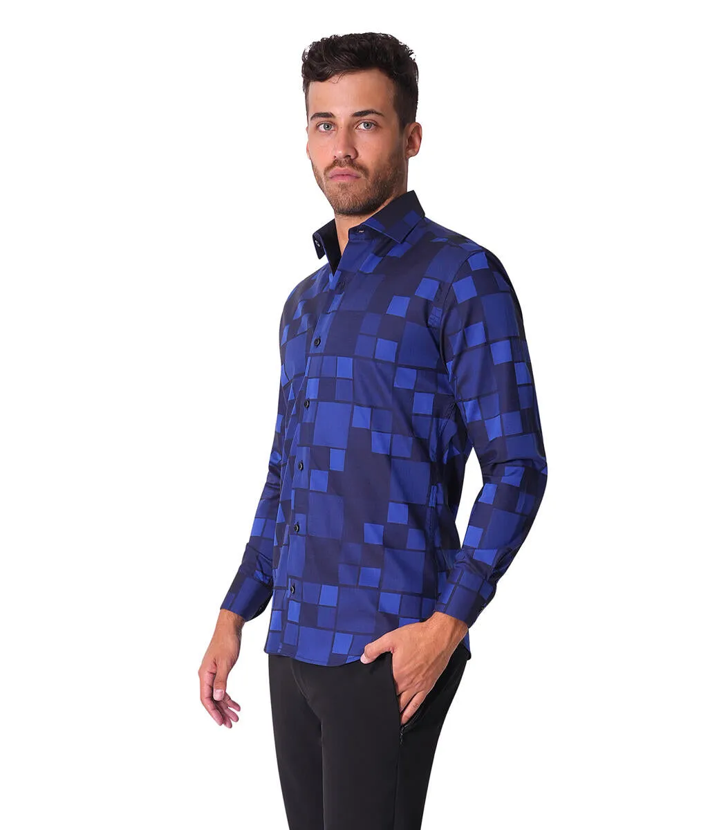 Bertigo Shirt | Mikey-92 Navy Blocks Design Jacquard