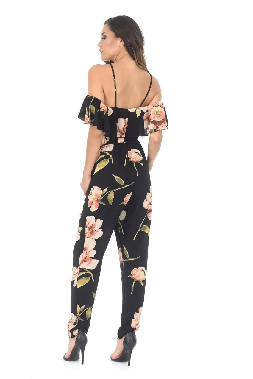 Black Cold Shoulder Floral Jumpsuit