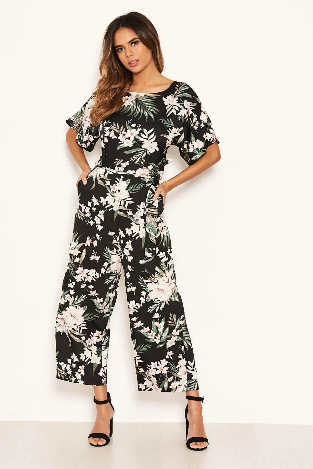 Black Floral Crew Neck Culotte Jumpsuit