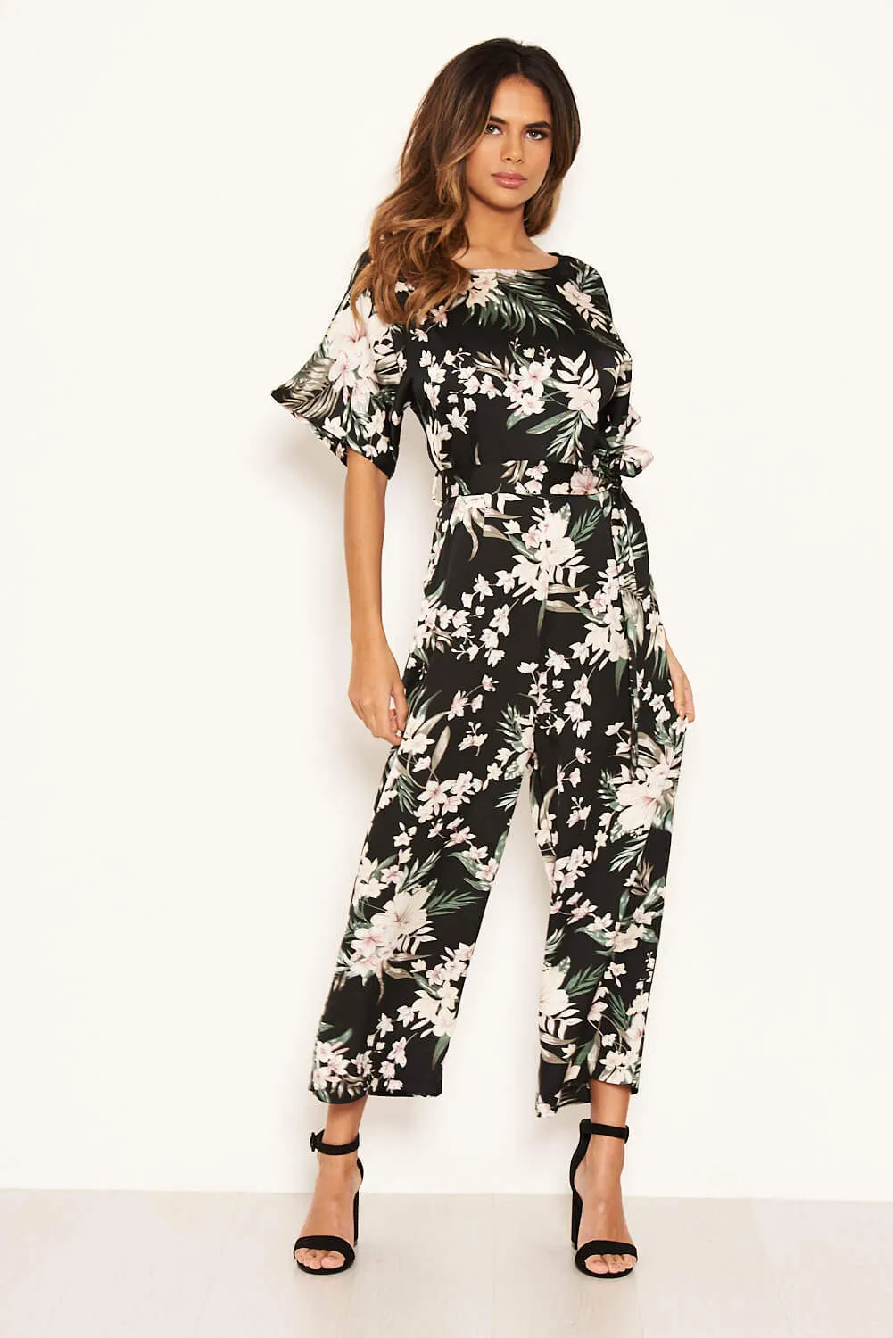 Black Floral Crew Neck Culotte Jumpsuit