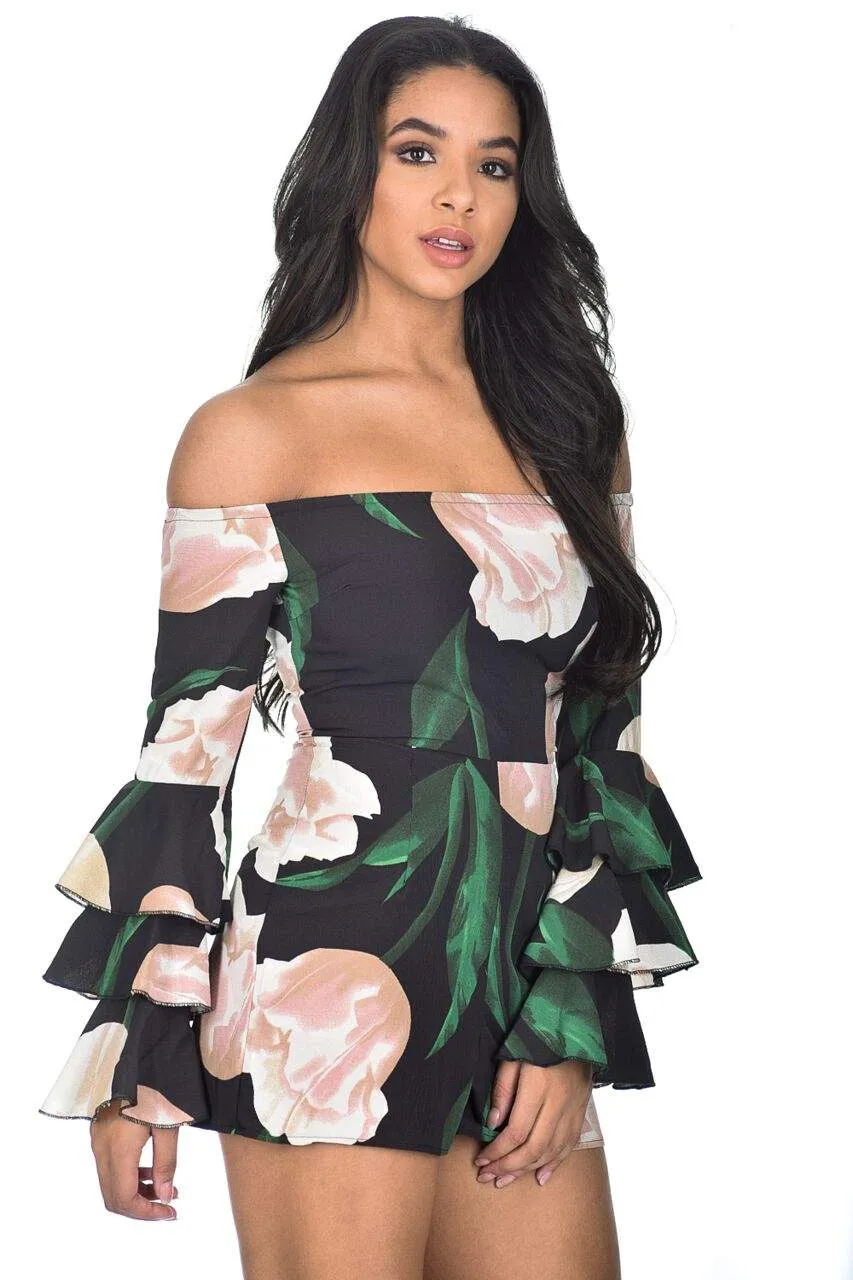 Black Floral Flared Sleeve Playsuit