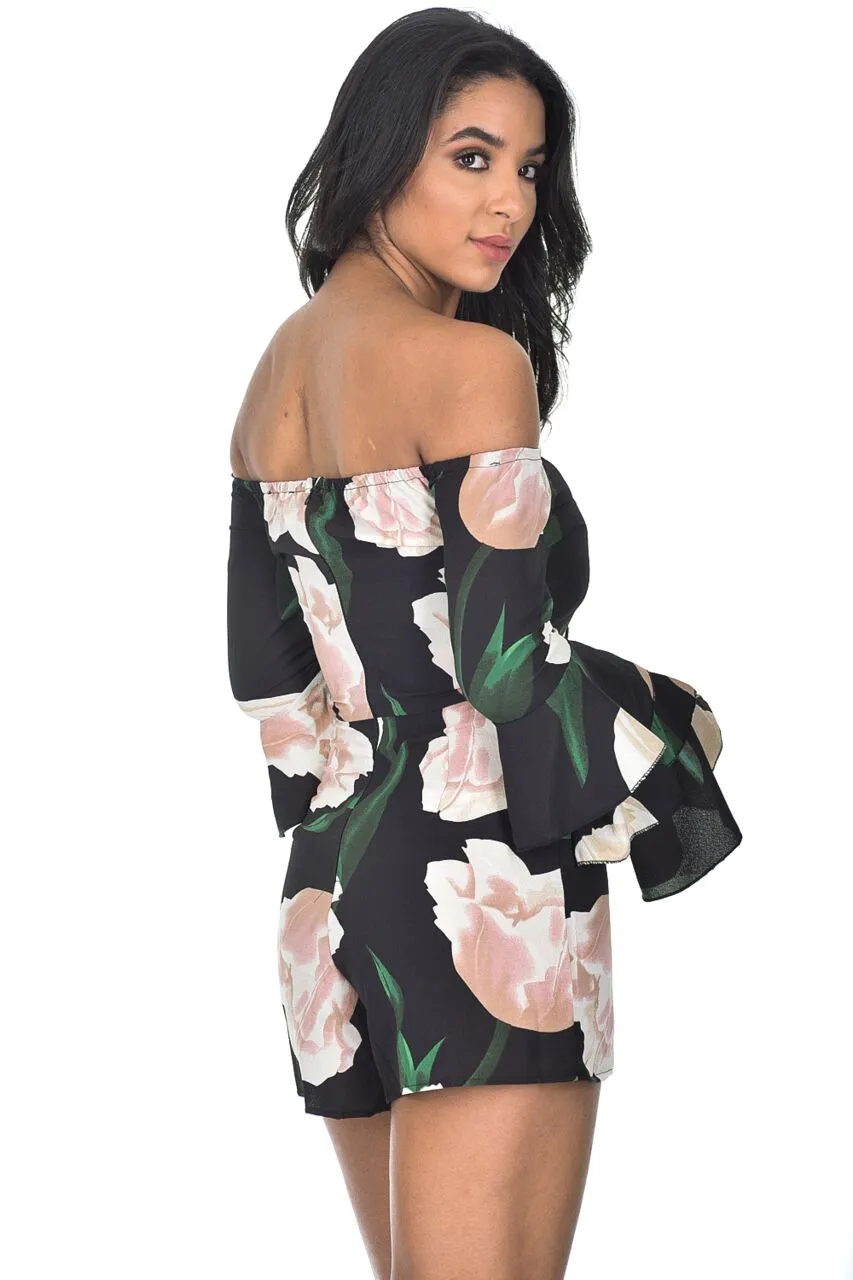 Black Floral Flared Sleeve Playsuit