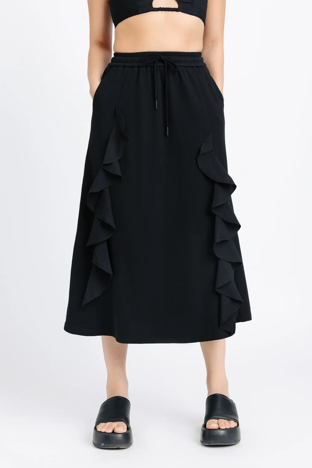 Black Ruffled Midi Skirt