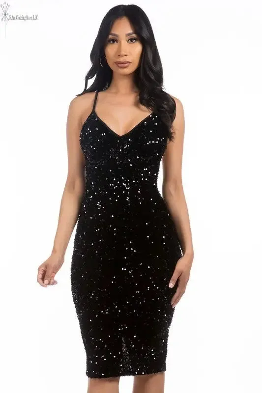 Black Sequin Midi Dress