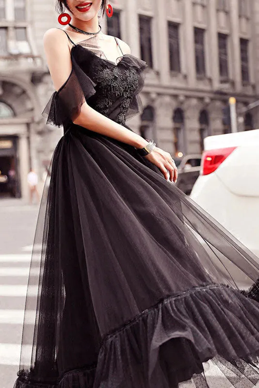 Black tulle lace tea length prom dress, lace tulle evening dress