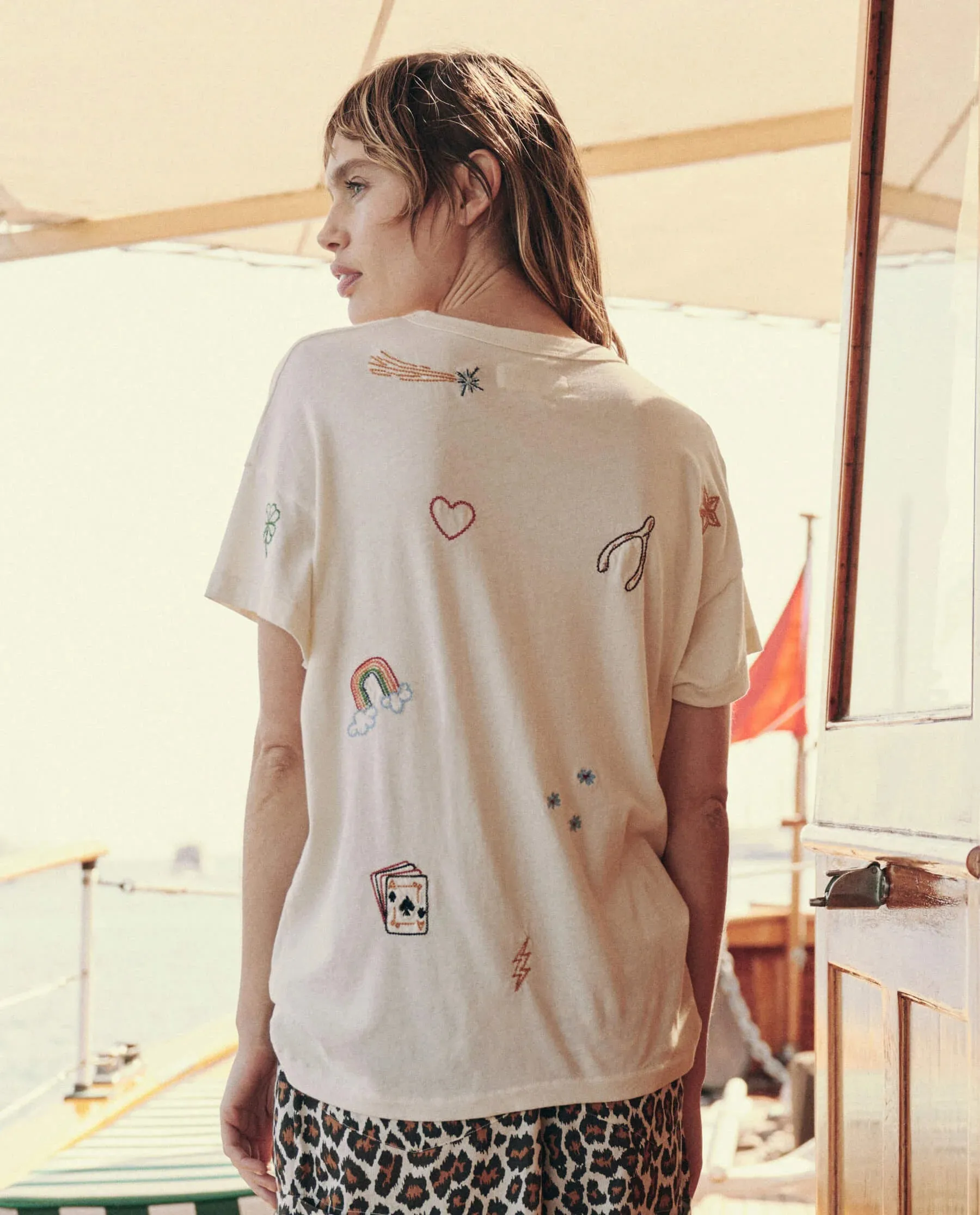 Boxy Crew W/ Charm Embroidery ~ White