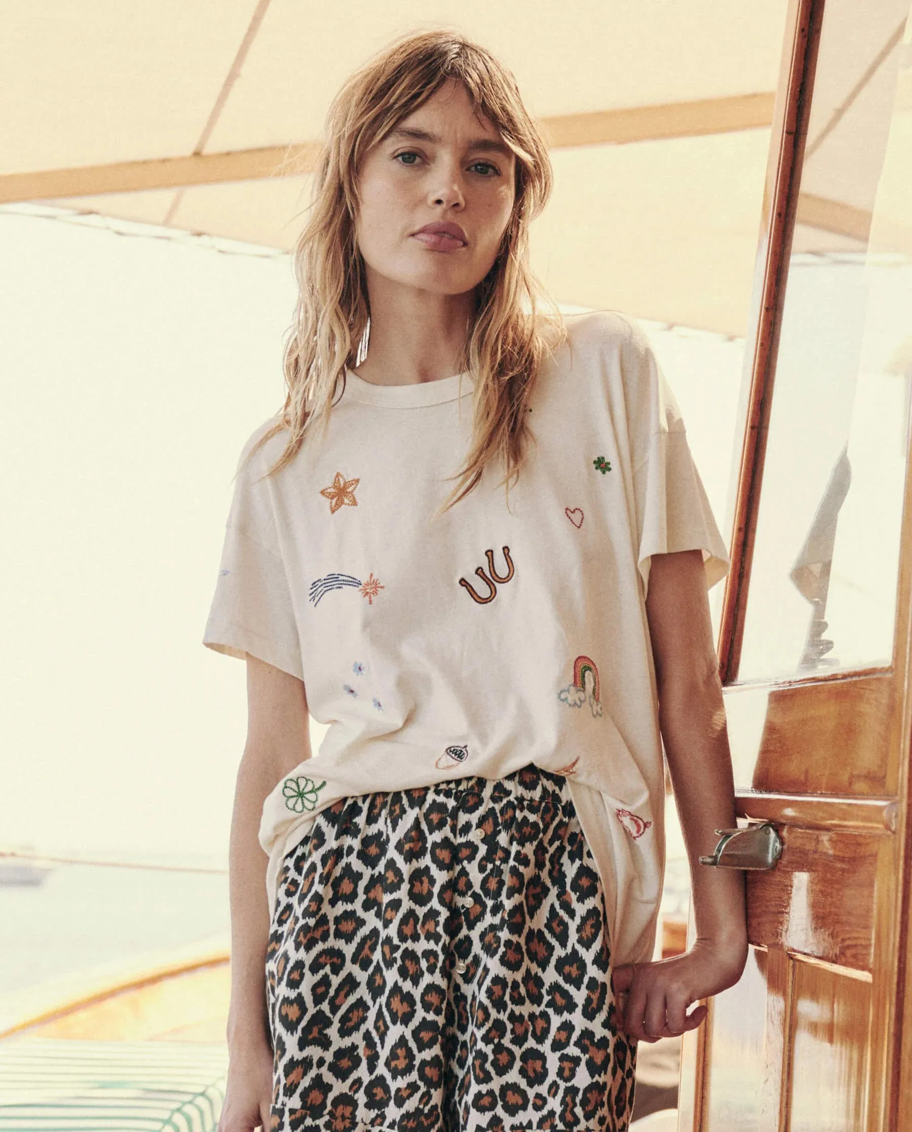 Boxy Crew W/ Charm Embroidery ~ White